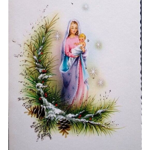Mid Century Mod Christmas Greeting Card Glitter Mary Baby Jesus Vintage Sunshine - Picture 1 of 5